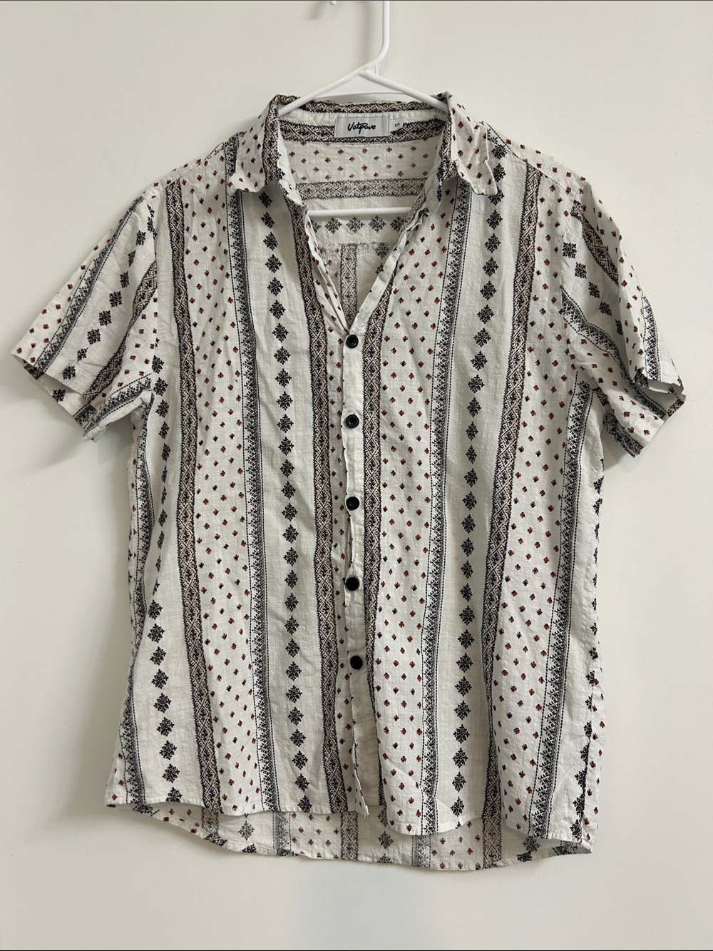 Vintage-Inspired Striped Button-Down Shirt - White with Black & Brown Pattern